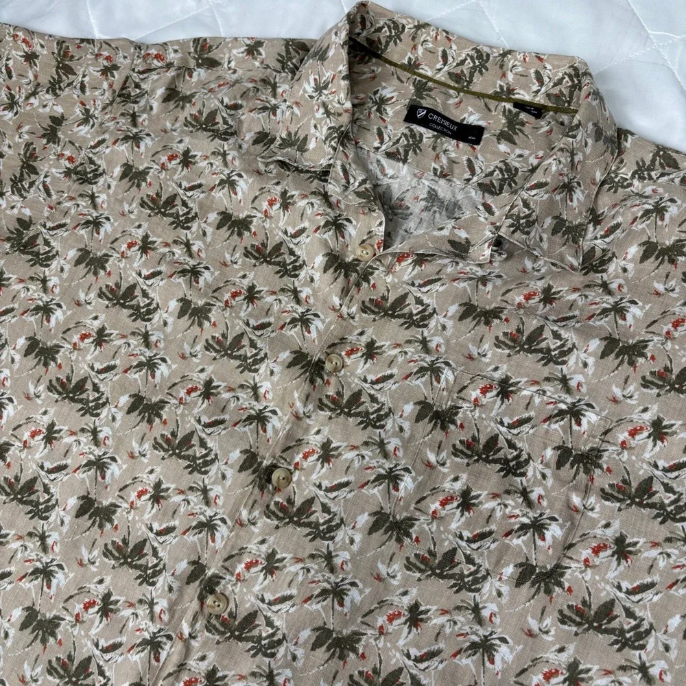 Cremieux 100% Linen Hawaiian Camp Shirt XXL Beige Tropical Palm Print